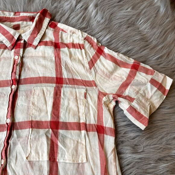 LEVI’S Blouse Sz S Casual Red White Plaid Button Up Short Sleeve Top Semi Sheer - Picture 3 of 12